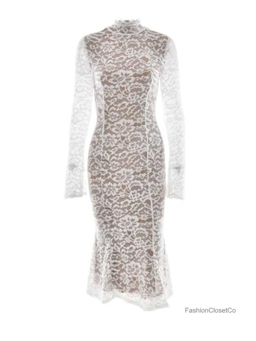 Floral Lace Mock Neck Long Sleeve Midi Dress Back Zipper Bodycon - Picture 5 of 6